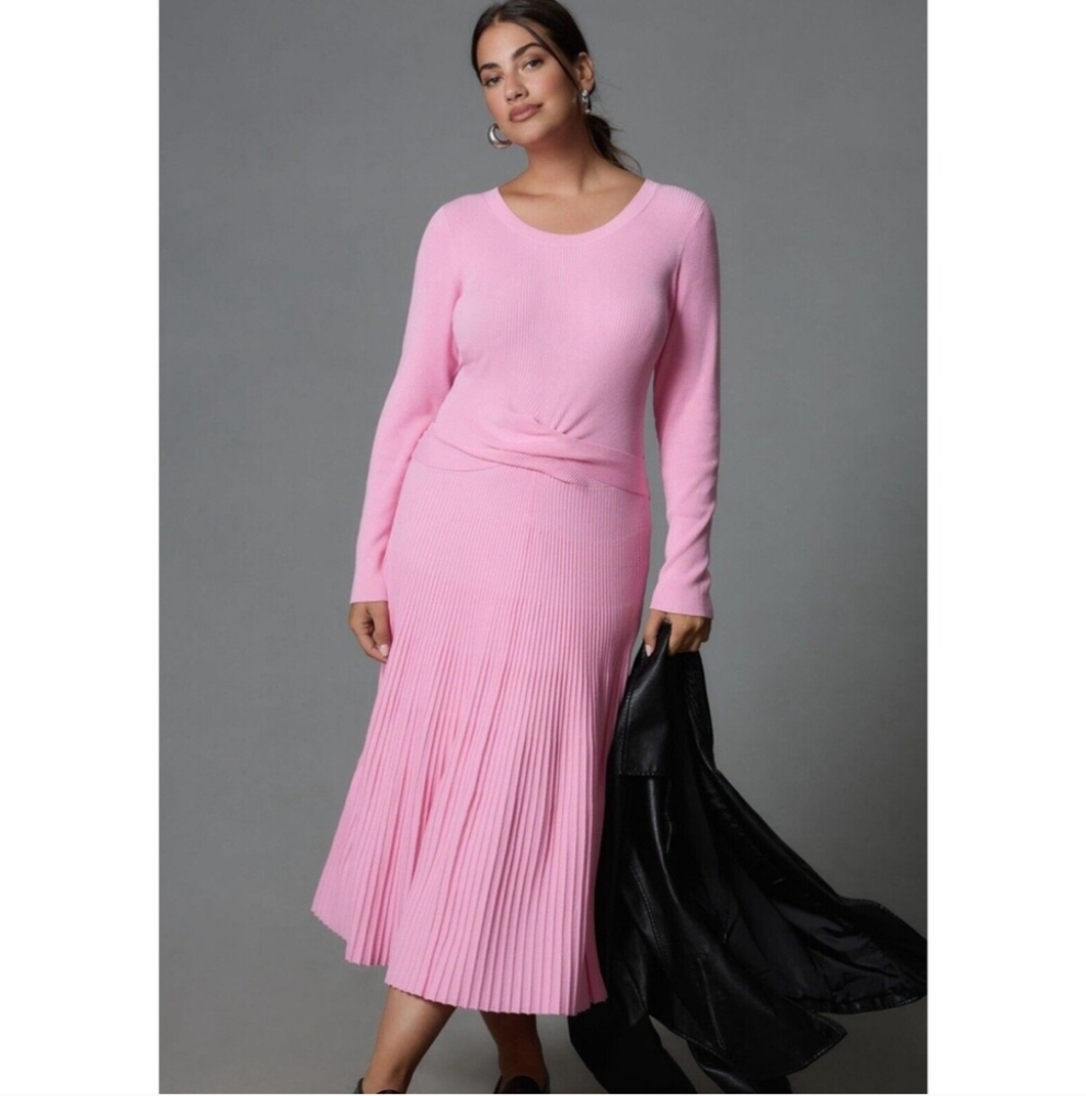 Anthropologie Long Sleeve Ribbed Sweater Midi Dress Pink Size 2X NWT